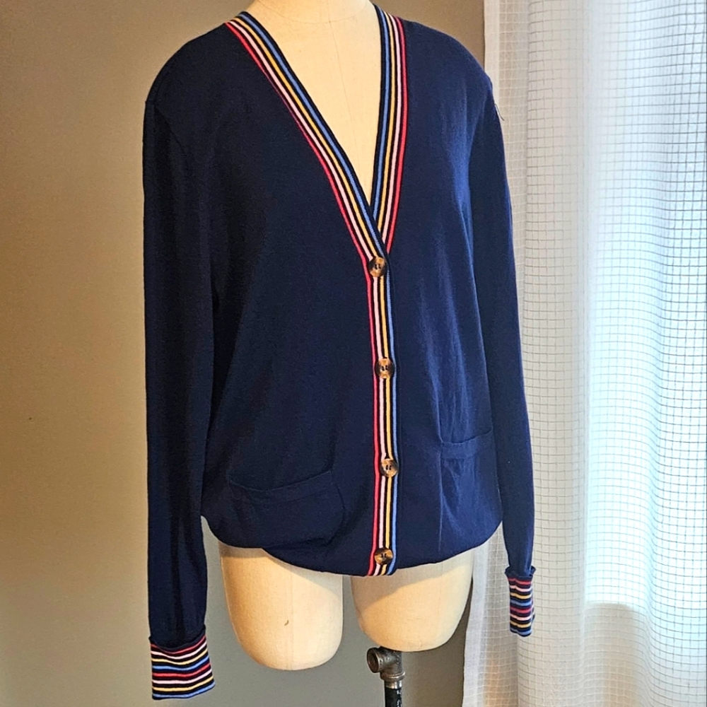 NWT St John's Bay Navy Dad Cardigan with Rainbow Striped Trim - Sz L 100% Cotton - Picture 2 of 9